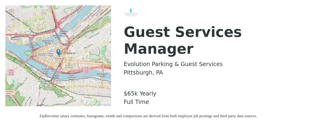 Evolution Parking & Guest Services job posting for a Guest Services Manager in Pittsburgh, PA with a salary of $65,000 Yearly with a map of Pittsburgh location.