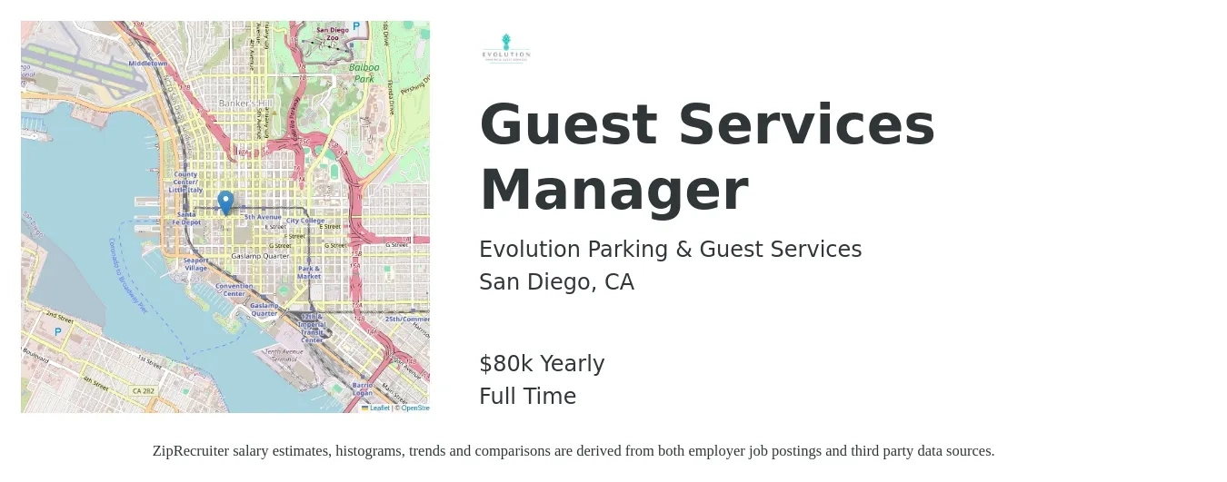 Evolution Parking & Guest Services job posting for a Guest Services Manager in San Diego, CA with a salary of $80,000 Yearly with a map of San Diego location.