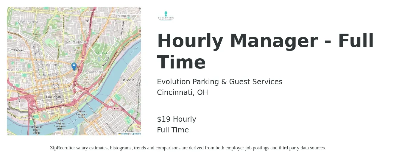 Evolution Parking & Guest Services job posting for a Hourly Manager - Full Time in Cincinnati, OH with a salary of $20 Hourly with a map of Cincinnati location.