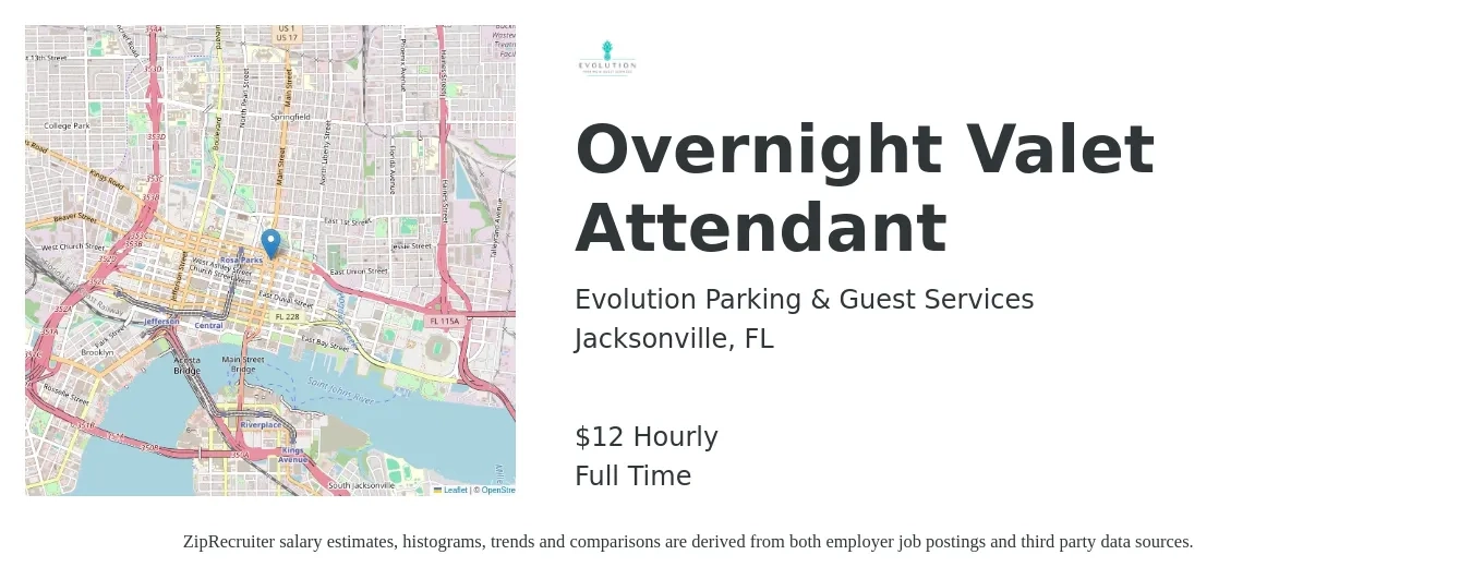 Evolution Parking & Guest Services job posting for a Overnight Valet Attendant in Jacksonville, FL with a salary of $13 Hourly with a map of Jacksonville location.