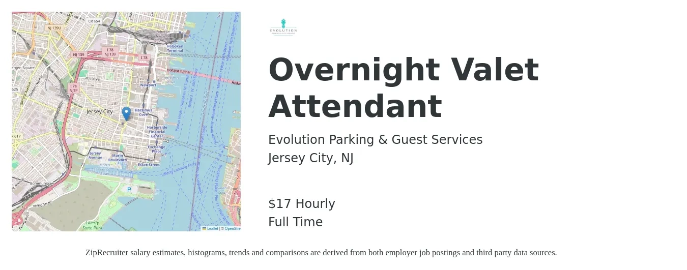 Evolution Parking & Guest Services job posting for a Overnight Valet Attendant in Jersey City, NJ with a salary of $18 Hourly with a map of Jersey City location.