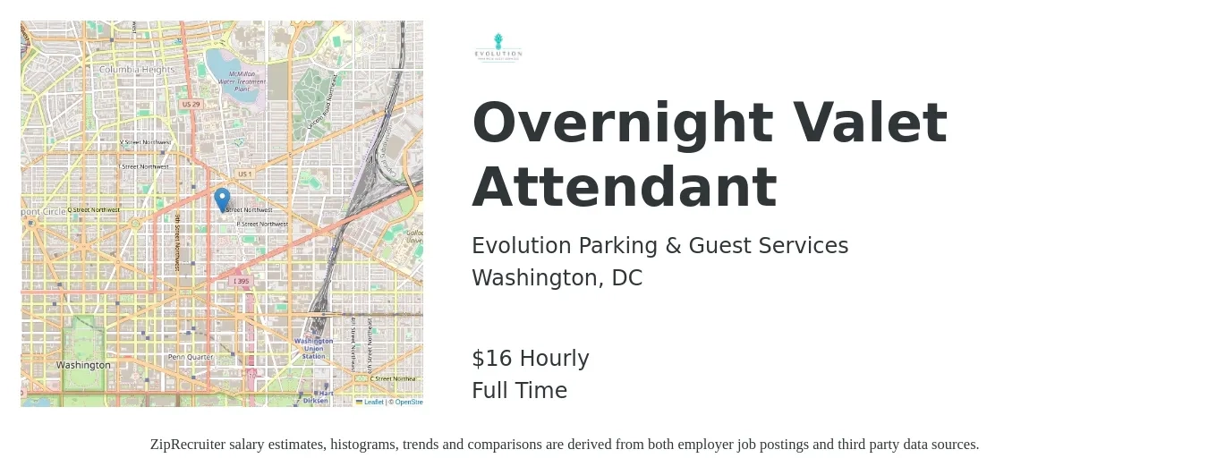 Evolution Parking & Guest Services job posting for a Overnight Valet Attendant in Washington, DC with a salary of $19 Hourly with a map of Washington location.
