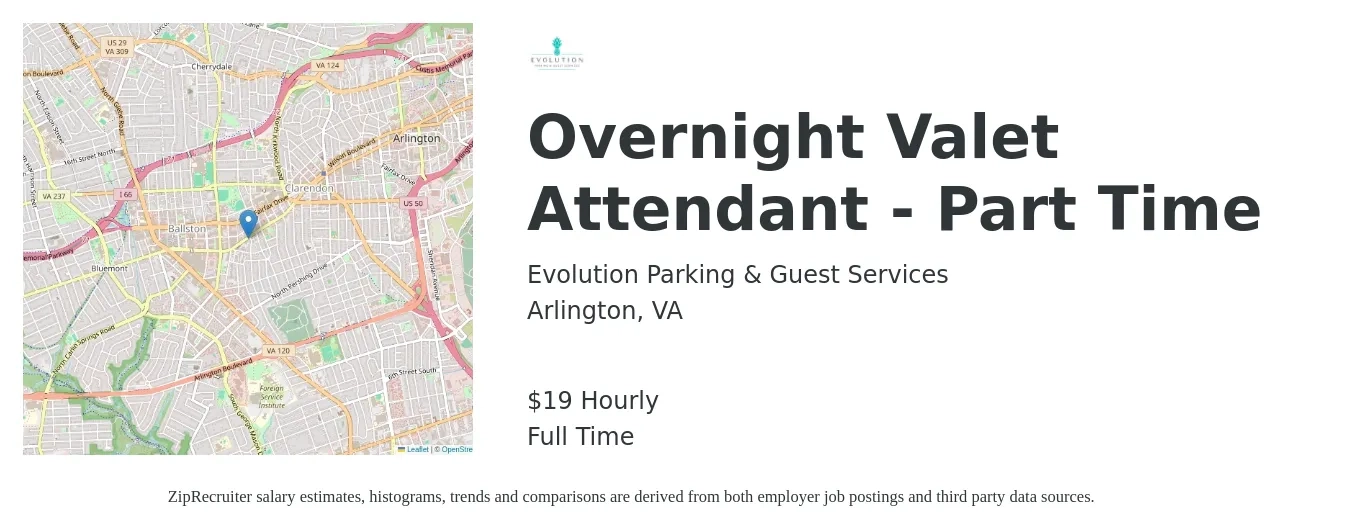 Evolution Parking & Guest Services job posting for a Overnight Valet Attendant - Part Time in Arlington, VA with a salary of $20 Hourly with a map of Arlington location.