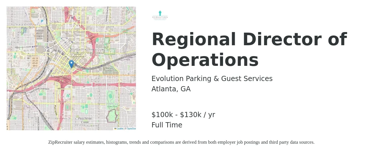 Evolution Parking & Guest Services job posting for a Regional Director of Operations in Atlanta, GA with a salary of $100,000 to $130,000 Yearly with a map of Atlanta location.