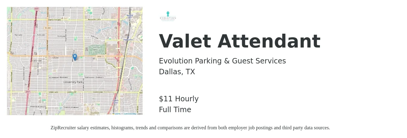 Evolution Parking & Guest Services job posting for a Valet Attendant in Dallas, TX with a salary of $12 Hourly with a map of Dallas location.