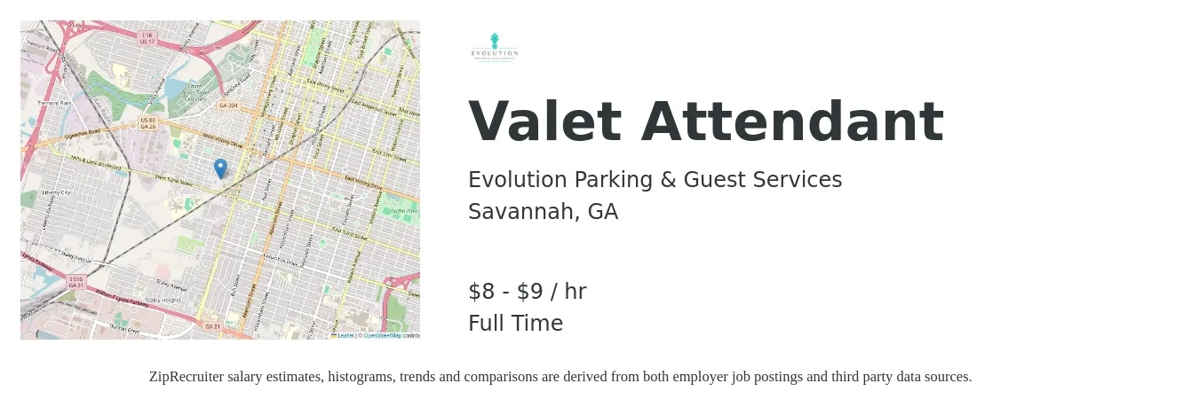 Evolution Parking & Guest Services job posting for a Valet Attendant in Savannah, GA with a salary of $8 Hourly with a map of Savannah location.