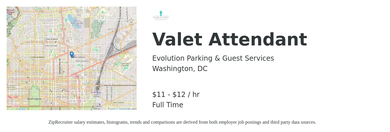 Evolution Parking & Guest Services job posting for a Valet Attendant in Washington, DC with a salary of $16 Hourly with a map of Washington location.