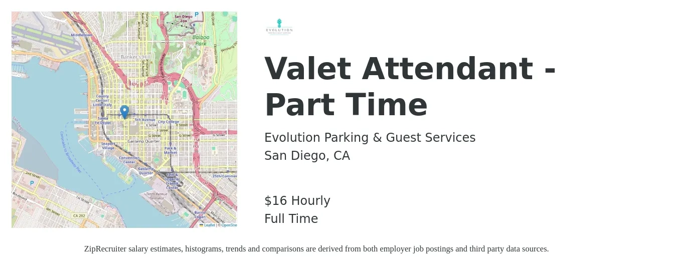 Evolution Parking & Guest Services job posting for a Valet Attendant - Part Time in San Diego, CA with a salary of $17 Hourly with a map of San Diego location.