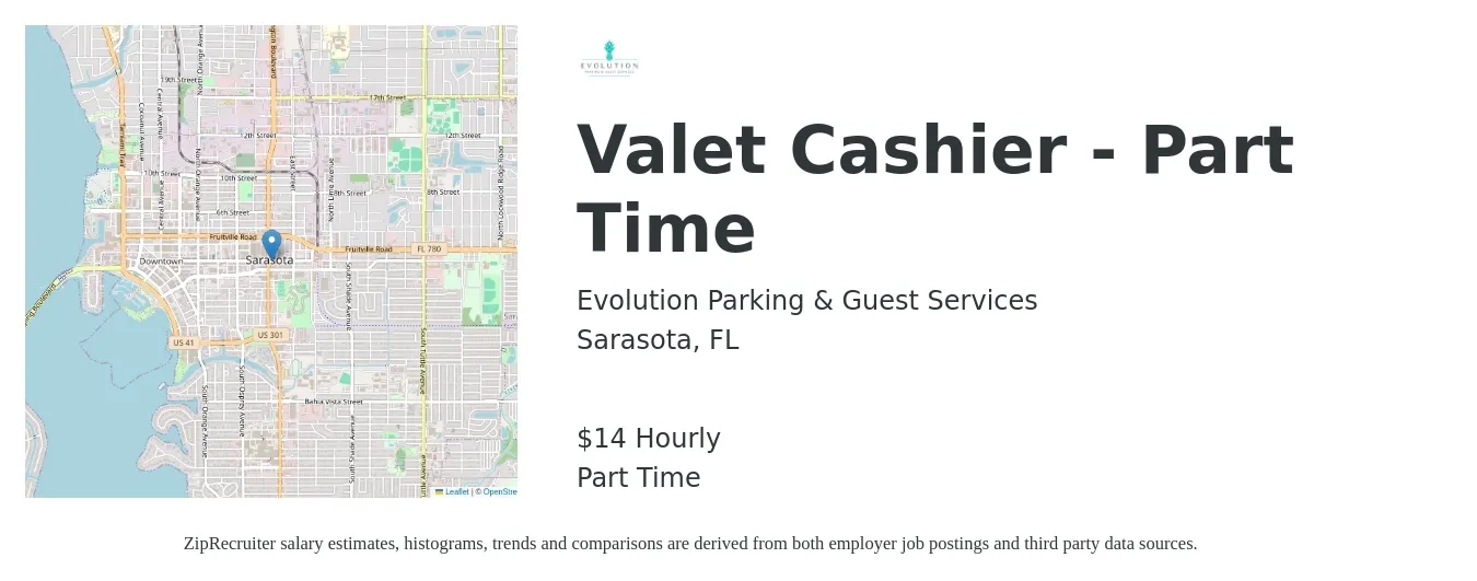 Evolution Parking & Guest Services job posting for a Valet Cashier - Part Time in Sarasota, FL with a salary of $15 Hourly with a map of Sarasota location.