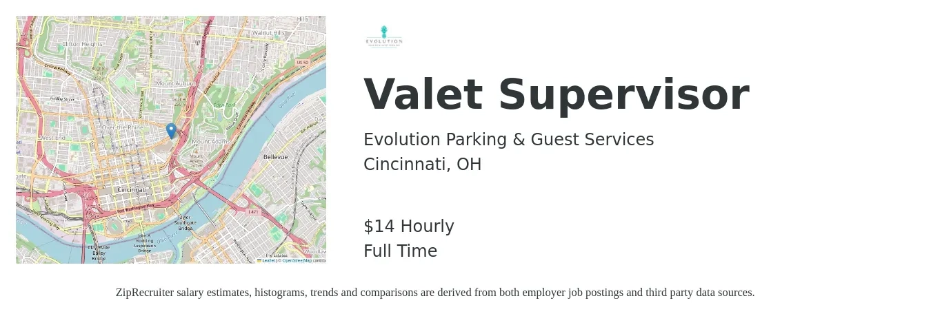 Evolution Parking & Guest Services job posting for a Valet Supervisor in Cincinnati, OH with a salary of $17 to $18 Hourly with a map of Cincinnati location.