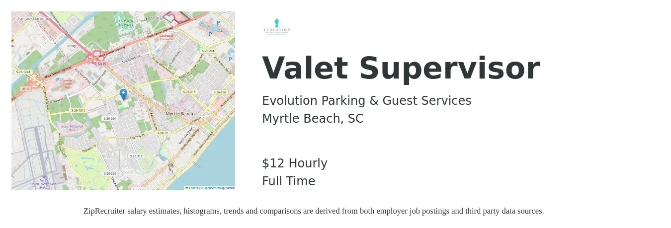 Evolution Parking & Guest Services job posting for a Valet Supervisor in Myrtle Beach, SC with a salary of $14 Hourly with a map of Myrtle Beach location.