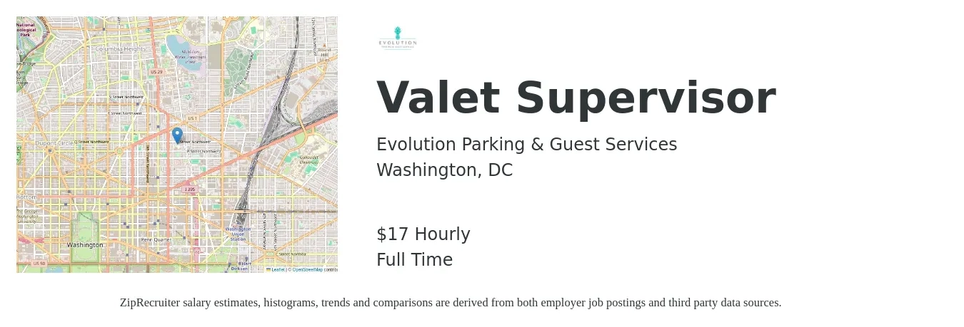 Evolution Parking & Guest Services job posting for a Valet Supervisor in Washington, DC with a salary of $18 Hourly with a map of Washington location.