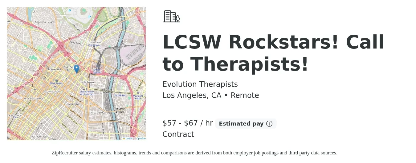 Evolution Therapists job posting for a LCSW Rockstars! Call to Therapists! in Los Angeles, CA with a salary of $60 to $70 Hourly with a map of Los Angeles location.