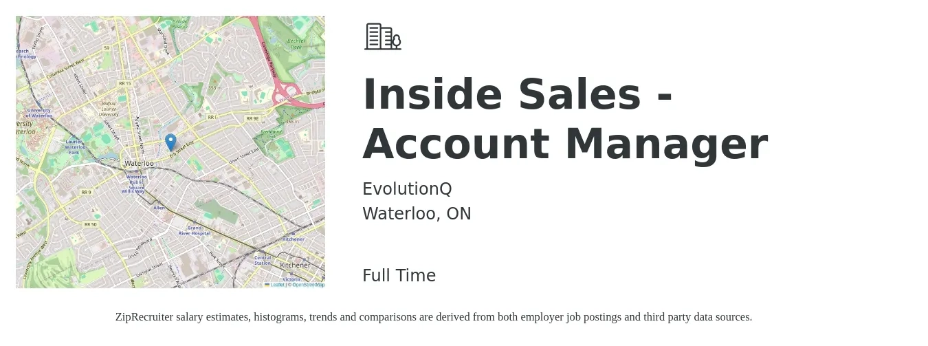 evolutionQ job posting for a Inside Sales - Account Manager in Waterloo, ON with a map of Waterloo location.