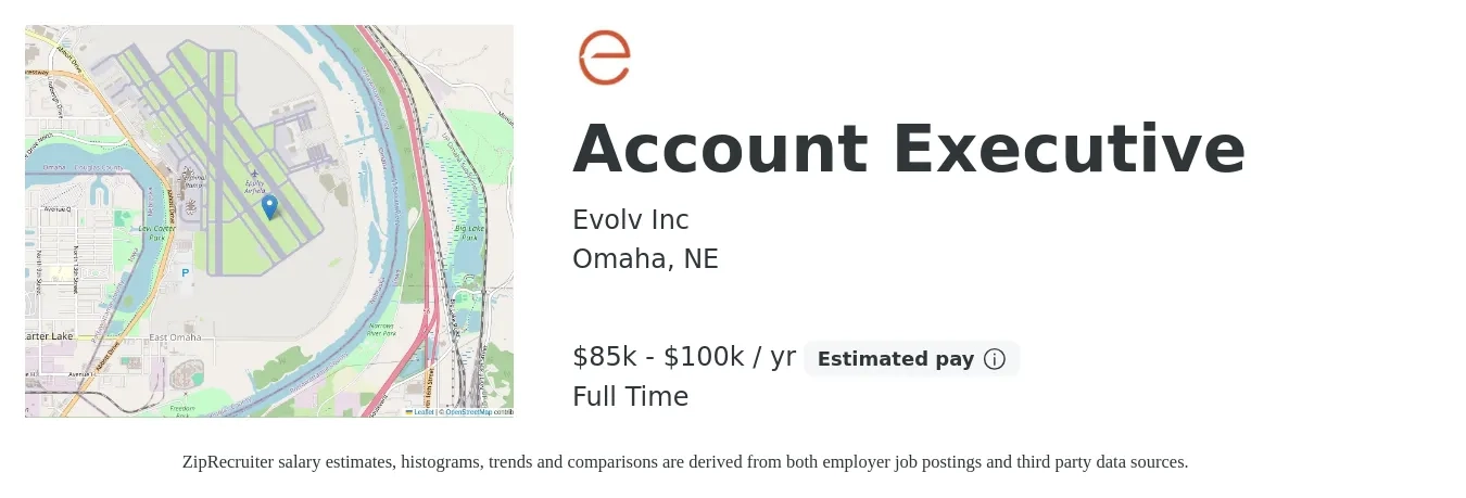 Evolv Inc job posting for a Account Executive in Omaha, NE with a salary of $85,000 to $100,000 Yearly with a map of Omaha location.