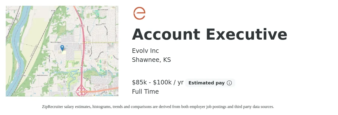 Evolv Inc job posting for a Account Executive in Shawnee, KS with a salary of $85,000 to $100,000 Yearly with a map of Shawnee location.