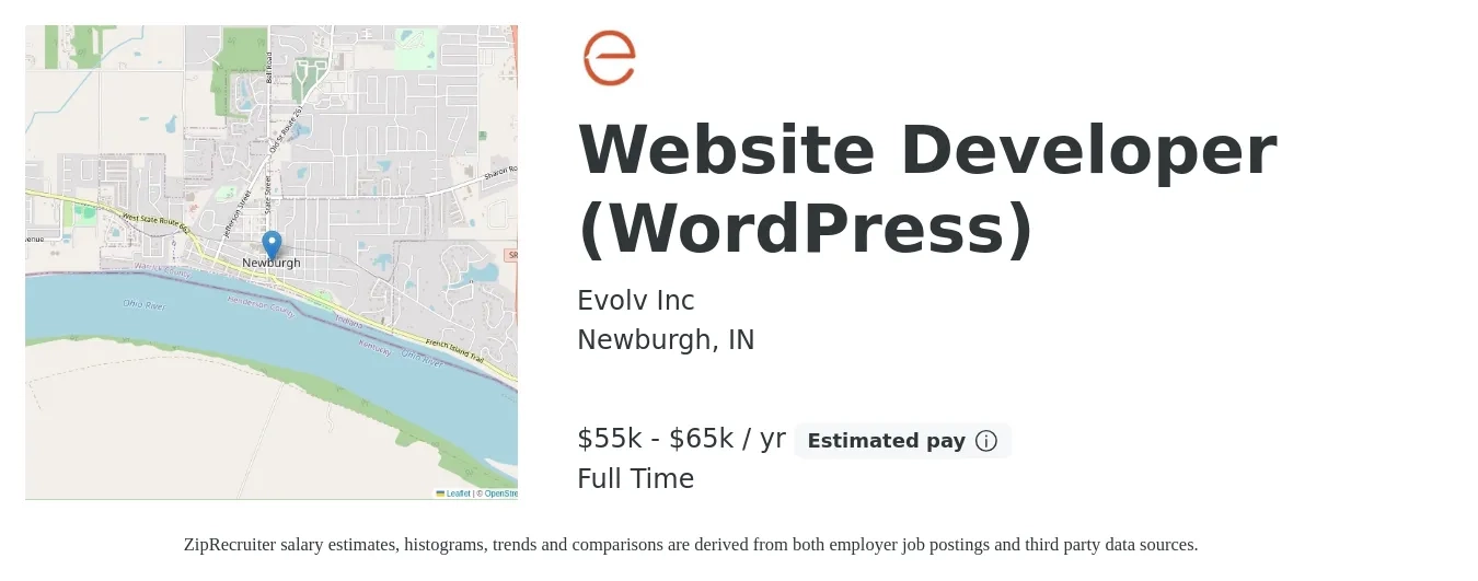 Evolv Inc job posting for a Website Developer (WordPress) in Newburgh, IN with a salary of $55,000 to $65,000 Yearly with a map of Newburgh location.