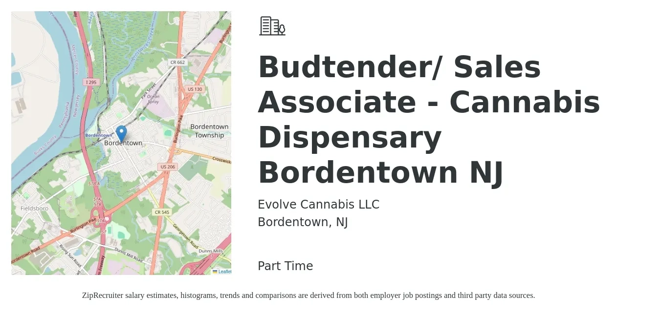 Evolve Cannabis LLC job posting for a Budtender/ Sales Associate - Cannabis Dispensary Bordentown NJ in Bordentown, NJ with a salary of $15 to $17 Hourly with a map of Bordentown location.