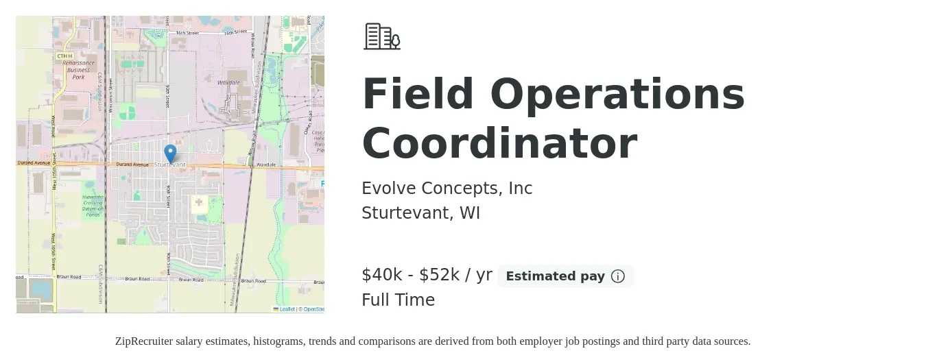 Evolve Concepts, Inc job posting for a Field Operations Coordinator in Sturtevant, WI with a salary of $40,000 to $52,000 Yearly with a map of Sturtevant location.