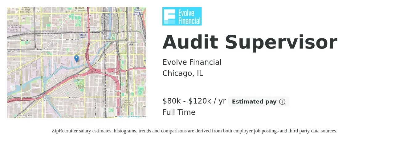 Evolve Financial job posting for a Audit Supervisor in Chicago, IL with a salary of $80,000 to $120,000 Yearly with a map of Chicago location.
