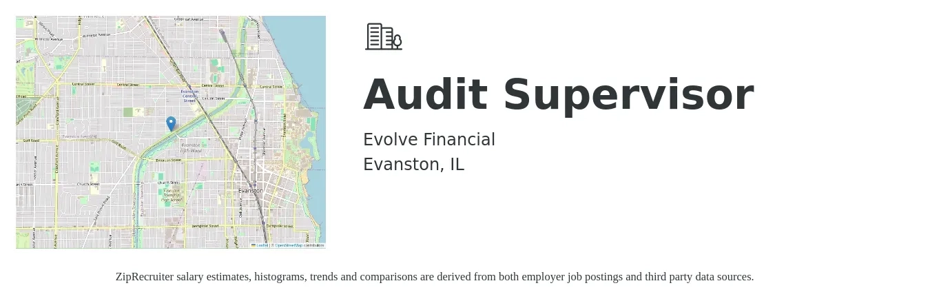 Evolve Financial Corp job posting for a Audit Supervisor in Evanston, IL with a salary of $97,600 to $128,000 Yearly with a map of Evanston location.