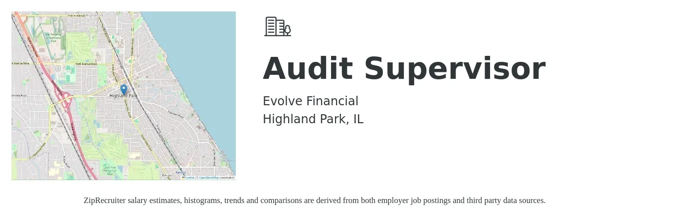 Evolve Financial Corp job posting for a Audit Supervisor in Highland Park, IL with a salary of $106,100 to $139,200 Yearly with a map of Highland Park location.