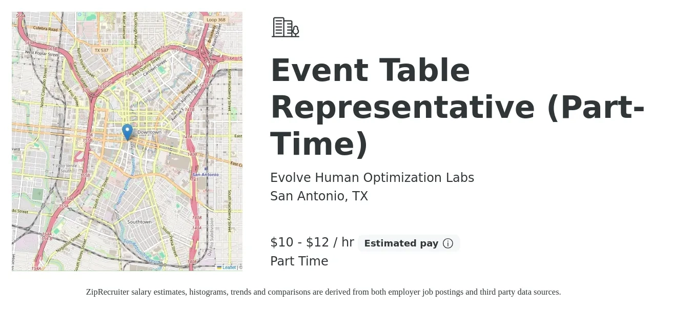 Evolve Human Optimization Labs job posting for a Event Table Representative (Part-Time) in San Antonio, TX with a salary of $11 to $13 Hourly and benefits including pto with a map of San Antonio location.
