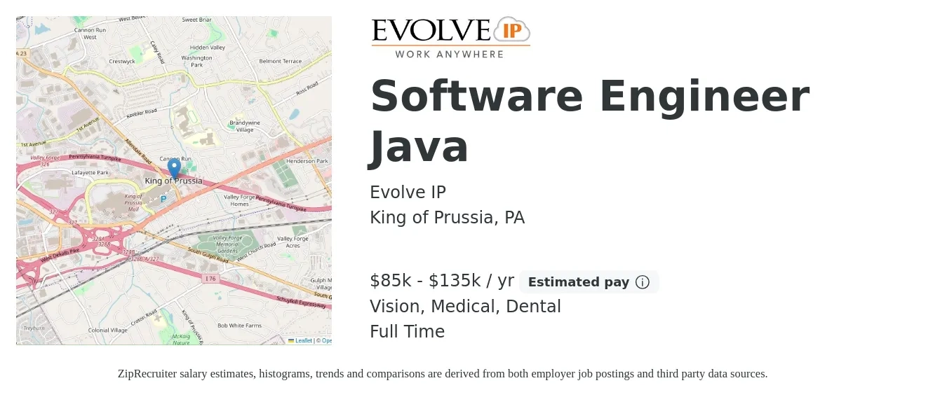 Evolve IP job posting for a Software Engineer Java in King of Prussia, PA with a salary of $85,000 to $135,000 Yearly and benefits including retirement, vision, dental, life_insurance, and medical with a map of King of Prussia location.