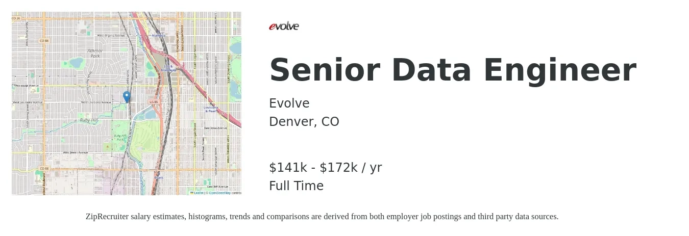 Evolve job posting for a Senior Data Engineer in Denver, CO with a salary of $141,000 to $172,000 Yearly with a map of Denver location.