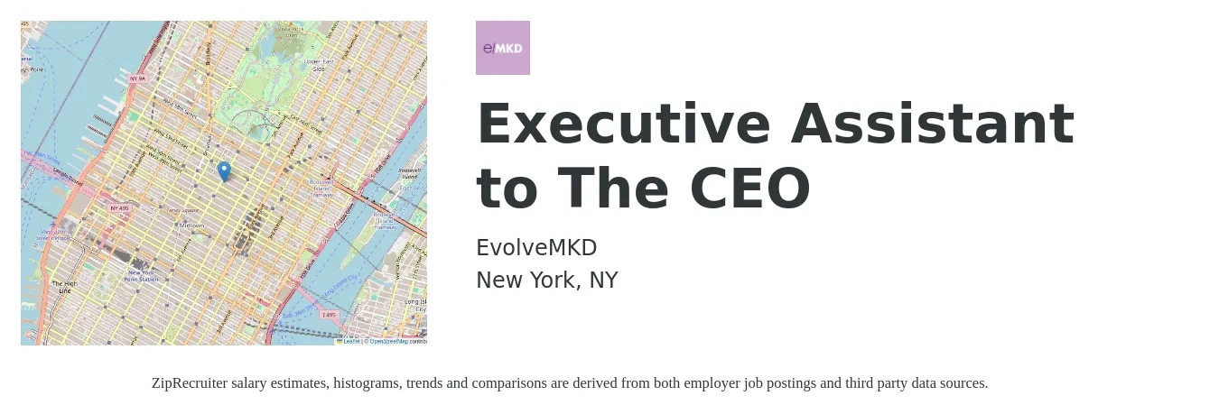 EvolveMKD job posting for a Executive Assistant to The CEO in New York, NY with a salary of $100,000 to $120,000 Yearly with a map of New York location.