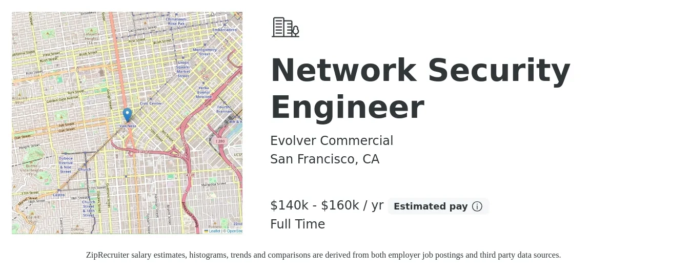 Evolver Commercial job posting for a Network Security Engineer in San Francisco, CA with a salary of $140,000 to $160,000 Yearly with a map of San Francisco location.