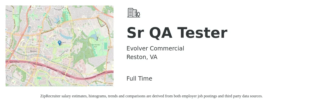 Evolver Commercial job posting for a Sr QA Tester in Reston, VA with a salary of $46 to $61 Hourly with a map of Reston location.