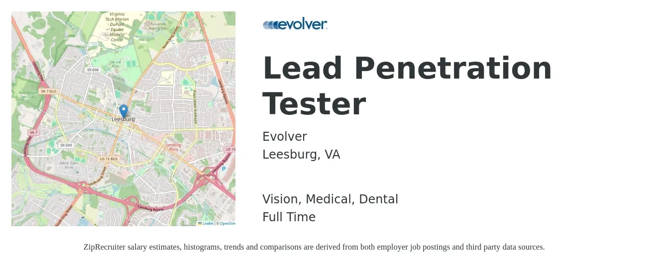 Evolver job posting for a Lead Penetration Tester in Leesburg, VA with a salary of $97,100 to $142,600 Yearly and benefits including life_insurance, medical, pto, retirement, vision, and dental with a map of Leesburg location.
