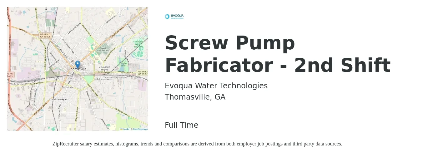 Evoqua Water Technologies job posting for a Screw Pump Fabricator - 2nd Shift in Thomasville, GA with a salary of $22 to $34 Hourly with a map of Thomasville location.