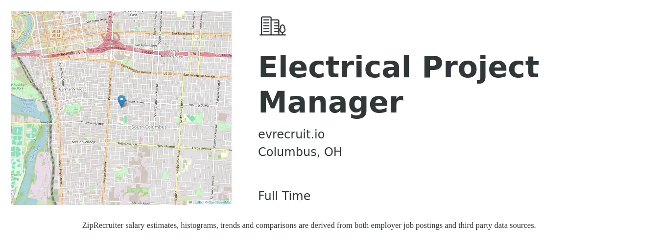 evrecruit.io job posting for a Electrical Project Manager in Columbus, OH with a salary of $82,600 to $117,400 Yearly with a map of Columbus location.