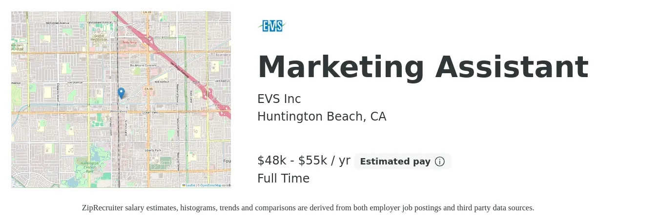 EVS Inc job posting for a Marketing Assistant in Huntington Beach, CA with a salary of $50,000 to $60,000 Yearly with a map of Huntington Beach location.