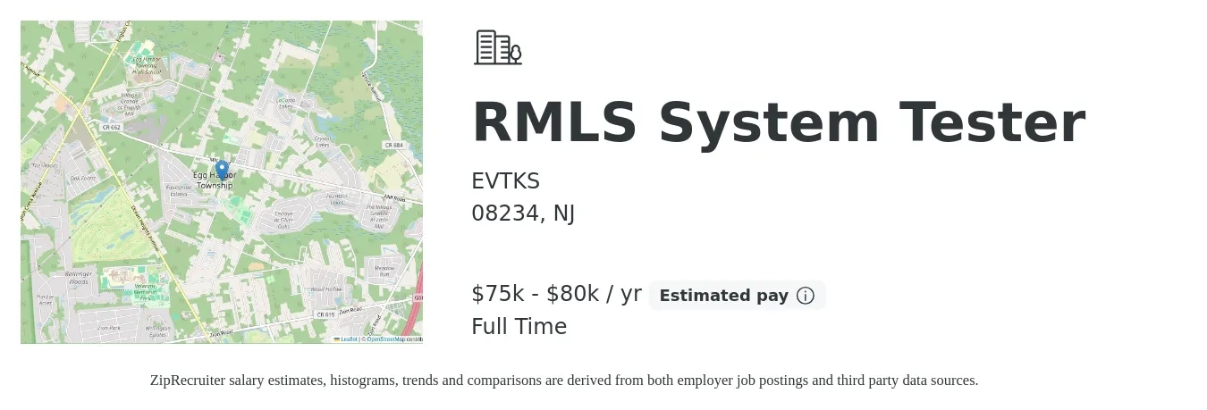 EVTKS job posting for a RMLS System Tester in 08234, NJ with a salary of $75,000 to $80,000 Yearly with a map of 08234 location.