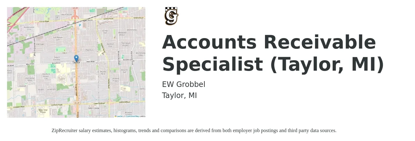 EW Grobbel job posting for a Accounts Receivable Specialist (Taylor, MI) in Taylor, MI with a salary of $19 to $25 Hourly with a map of Taylor location.