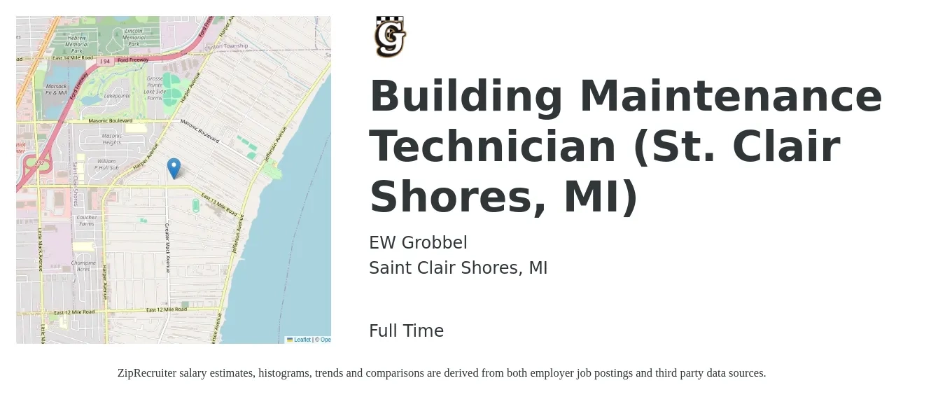 EW Grobbel job posting for a Building Maintenance Technician (St. Clair Shores, MI) in Saint Clair Shores, MI with a salary of $22 to $30 Hourly with a map of Saint Clair Shores location.