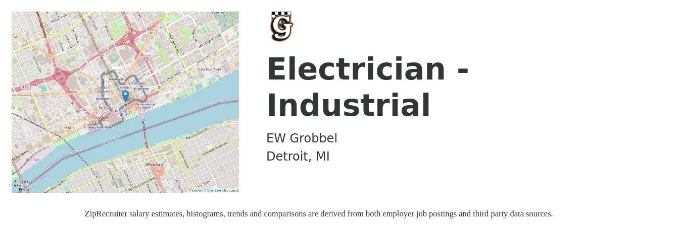 EW Grobbel job posting for a Electrician - Industrial in Detroit, MI with a salary of $30 to $40 Hourly with a map of Detroit location.