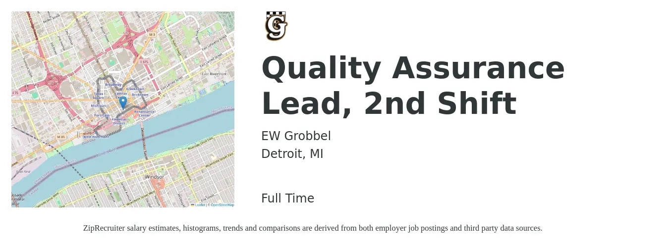 EW Grobbel job posting for a Quality Assurance Lead, 2nd Shift in Detroit, MI with a salary of $29 to $61 Hourly with a map of Detroit location.