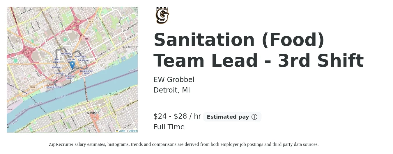 EW Grobbel job posting for a Sanitation (Food) Team Lead - 3rd Shift in Detroit, MI with a salary of $25 to $30 Hourly with a map of Detroit location.