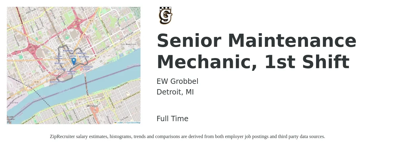 EW Grobbel job posting for a Senior Maintenance Mechanic, 1st Shift in Detroit, MI with a salary of $35 to $45 Hourly with a map of Detroit location.
