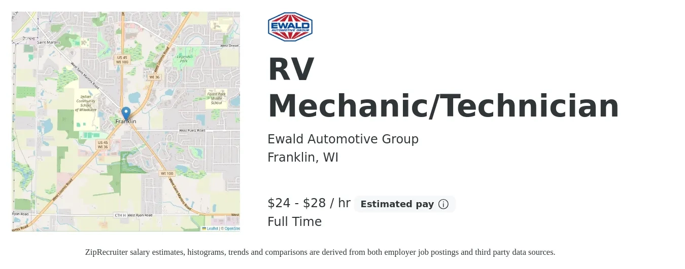 Ewald Automotive Group job posting for a RV Mechanic/Technician in Franklin, WI with a salary of $25 to $30 Hourly with a map of Franklin location.
