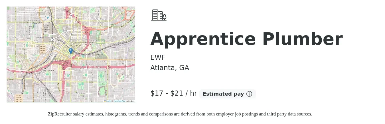 EWF job posting for a Apprentice Plumber in Atlanta, GA with a salary of $18 to $22 Hourly with a map of Atlanta location.