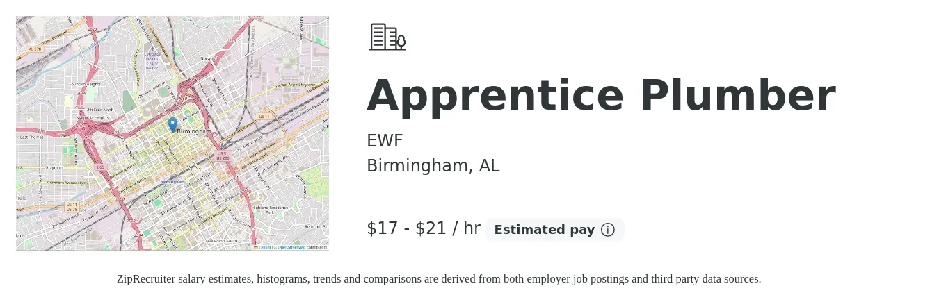 EWF job posting for a Apprentice Plumber in Birmingham, AL with a salary of $18 to $22 Hourly with a map of Birmingham location.