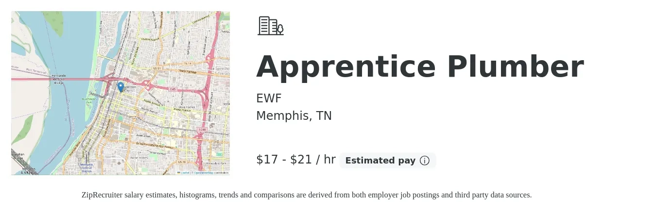 EWF job posting for a Apprentice Plumber in Memphis, TN with a salary of $18 to $22 Hourly with a map of Memphis location.