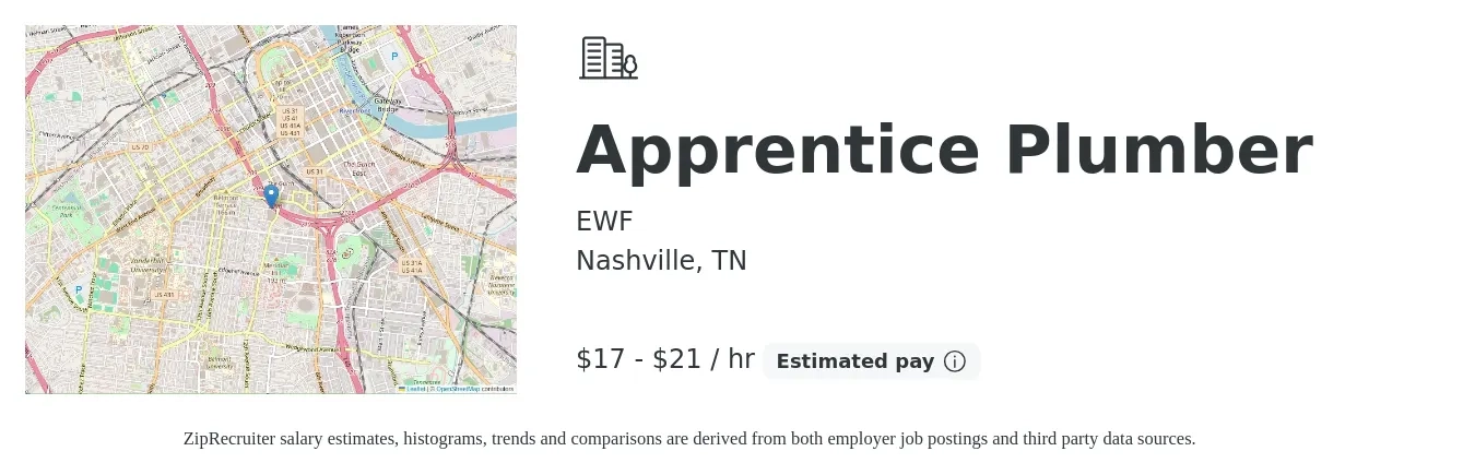 EWF job posting for a Apprentice Plumber in Nashville, TN with a salary of $18 to $22 Hourly with a map of Nashville location.