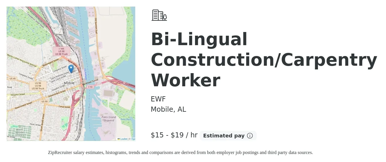 EWF job posting for a Bi-Lingual Construction/Carpentry Worker in Mobile, AL with a salary of $16 to $20 Hourly with a map of Mobile location.