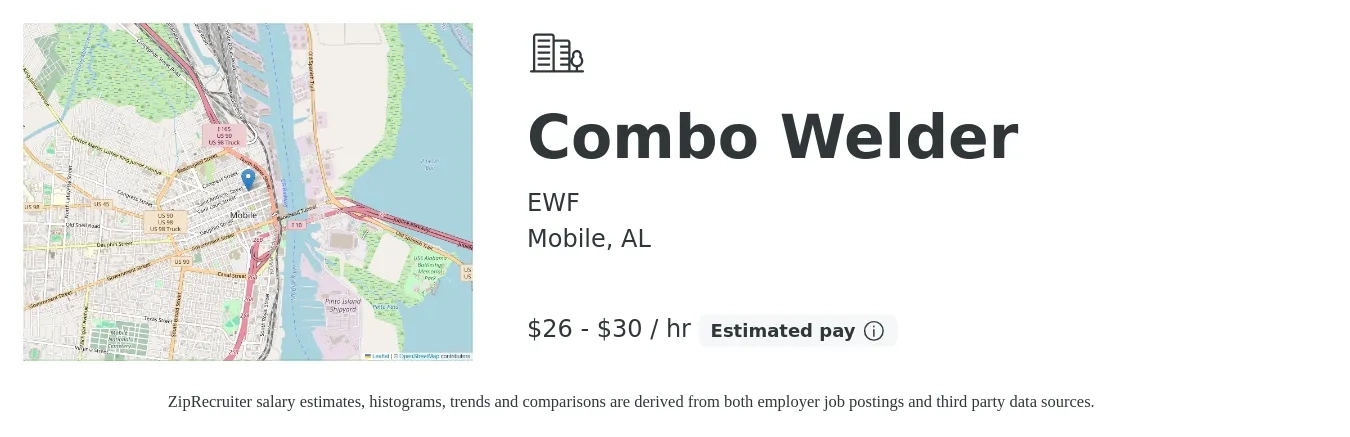 EWF job posting for a Combo Welder in Mobile, AL with a salary of $28 to $32 Hourly with a map of Mobile location.